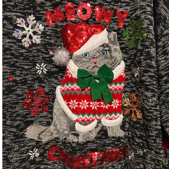 Women’s Black White Meowy Christmas Cat Pullover Sweater Snowflakes Size XL - Picture 3 of 5